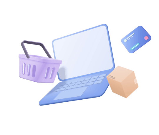 3D illustration of a laptop, shopping bag, and credit card representing ecommerce