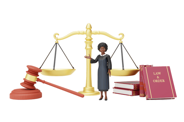 3D illustration of legal scales and law books