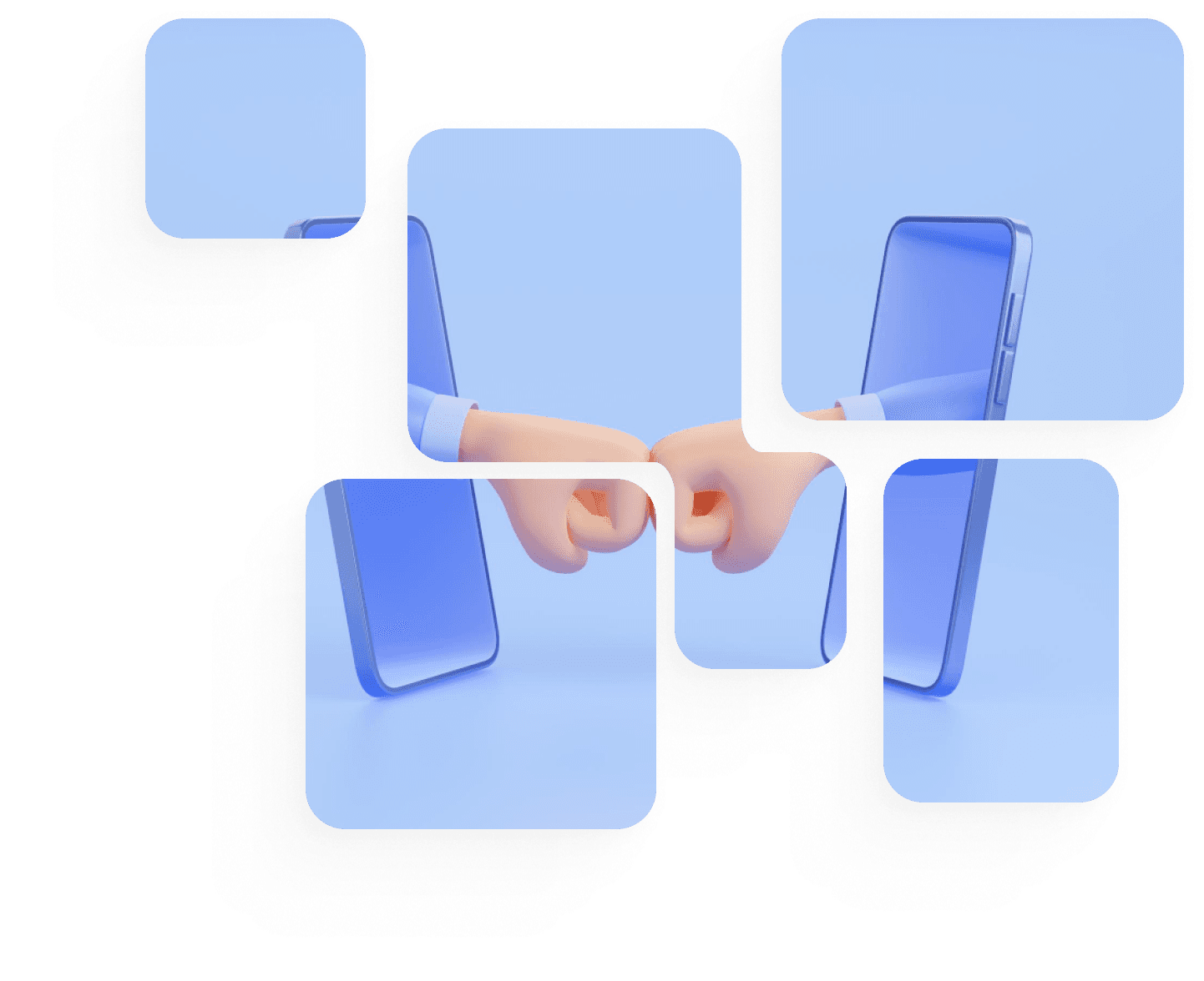 Collage of smartphone screens and hands reaching out, symbolizing secure digital client communication for law firms.