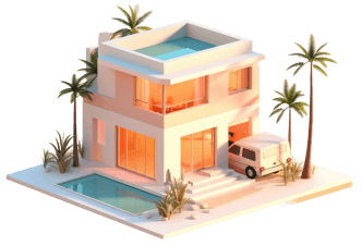 3D house and palm trees icon representing real estate automation